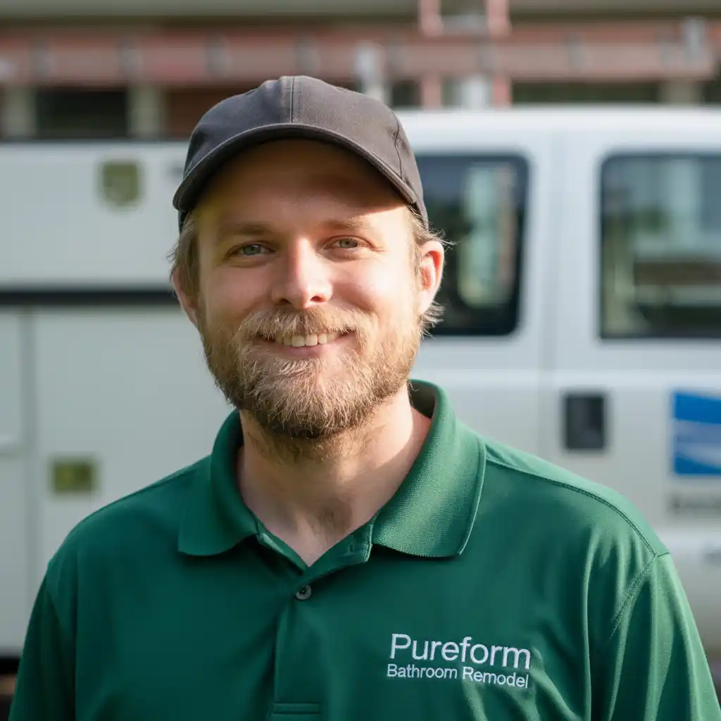 Joseph Foster, owner of Pureform Bathroom Remodel, wearing company branded shirt